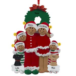 Image of African American Family Of 5 In Pajamas With 2 Dogs Ornament