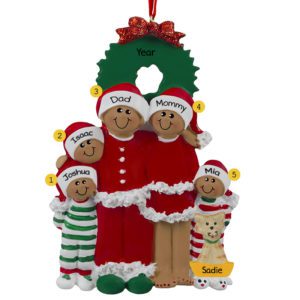 African American Family Of 5 In Pajamas With Cat Ornament