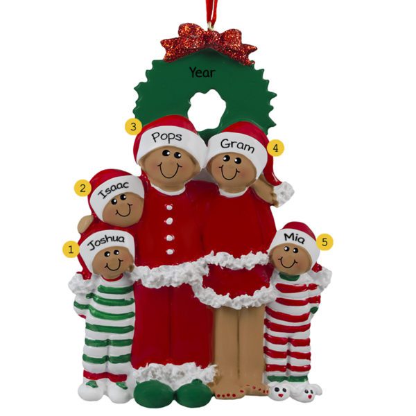 African American Grandparents With 3 Grandkids In Pajamas Ornament