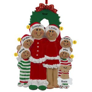 African American Family Of 6 In Pajamas With Dog Ornament