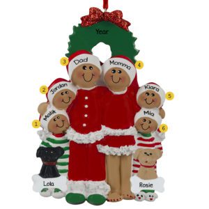 African American Family Of 6 In Pajamas With 2 Dogs Ornament