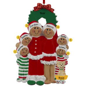 African American Family Of 6 In Pajamas With Cat Ornament