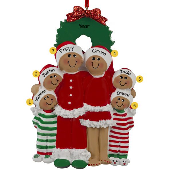 African American Grandparents With 4 Grandkids In Pajamas Ornament