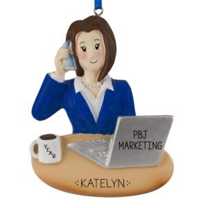 Image of Female In Marketing At Computer Holding Phone Ornament