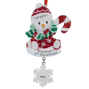 Grandson's 1st Christmas Snowbaby With Candy Cane RED Ornament