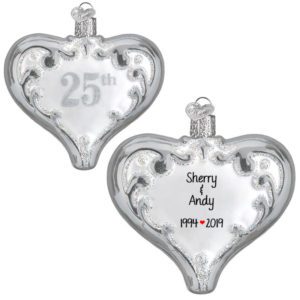 Personalized 25th Silver Anniversary Glittered Glass Dimensional Heart Ornament