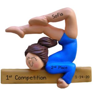 1st Gymnastics Competition Girl BLUE Leotard Ornament BRUNETTE