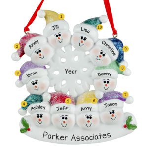 Workplace Or Team Of 10 Snowmen Glittered Flake Ornament