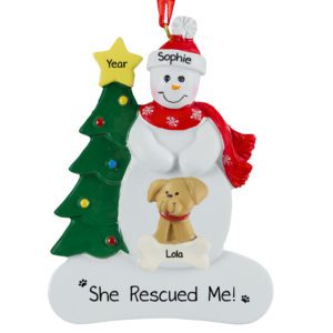 Snowman Wearing Red Scarf With Rescue Dog Ornament