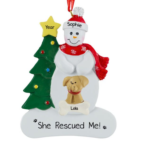 Snowman Wearing Red Scarf With Rescue Dog Ornament