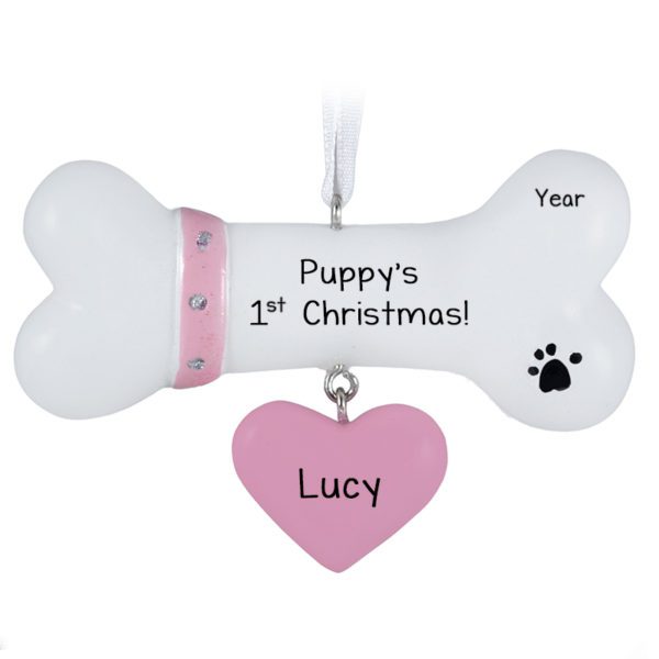 Puppy's 1st Christmas Bone Dangling PINK Heart Ornament