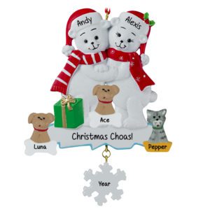 Image of Polar Bear Couple With 3 Pets Dangling Flake Ornament