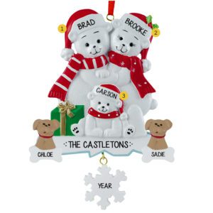 Polar Bear Family of 3 With 2 Dogs Personalized Ornament