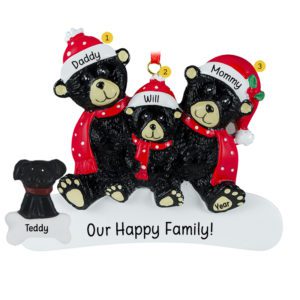 Black Bear Family of 3 With Dog Red Scarves Personalized Ornament