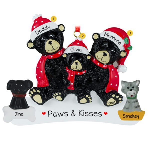 Black Bear Family of 3 With 2 Pets Red Scarves Personalized Ornament
