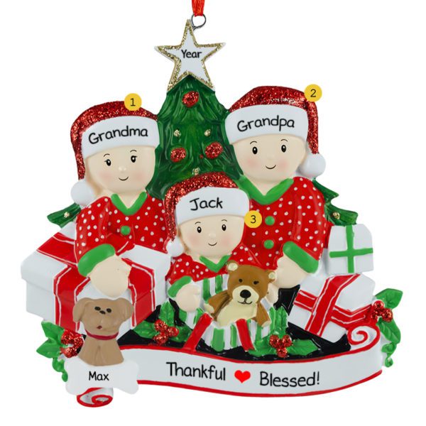 Grandparents And 1 Grandkid Opening Presents With Dog Ornament