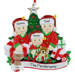 Personalized Family of 3 Opening Presents With Dog Ornament