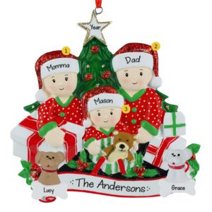 Personalized Family of 3 Opening Presents With 2 Dogs Ornament