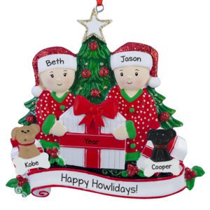 Couple With 2 Dogs Opening Presents By Tree Ornament