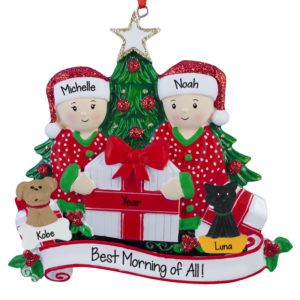 Couple With Cat And Dog Opening Presents By Tree Ornament