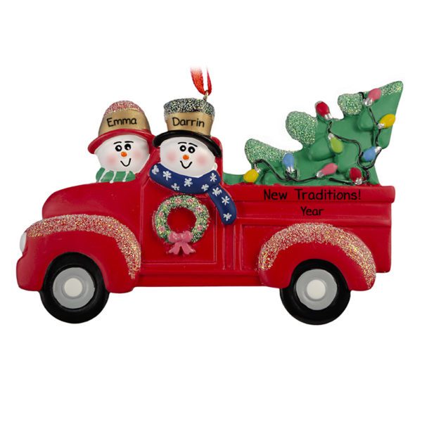 Red TRUCK Couple With Christmas Tree Ornament