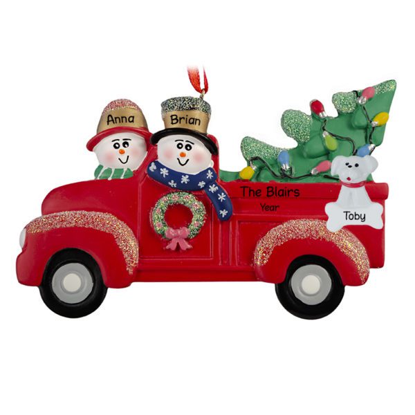 Couple And Dog With Christmas Tree Red TRUCK Ornament