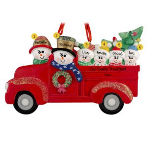 Image of Red TRUCK Family Of 6 With Christmas Tree Ornament