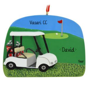 Personalized Golf Cart On Course With Flag Ornament
