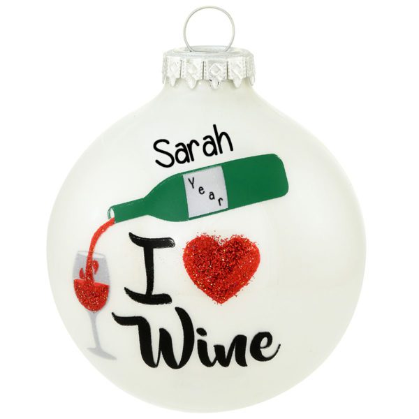 Personalized I Love Wine Glittered Glass Ball Ornament