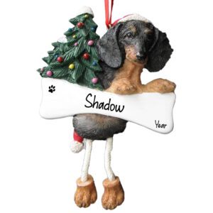 BLACK And TAN DACHSHUND Dog On Bone With Dangling Legs Ornament
