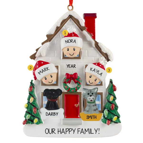 Personalized House Family Of 3 With 2 Pets Ornament