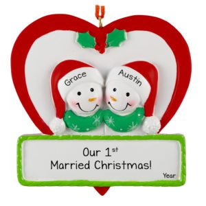 Personalized First Married Christmas Snowman Couple in Heart Ornament