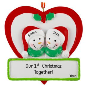 Personalized First Christmas Snowman Couple in Heart Ornament