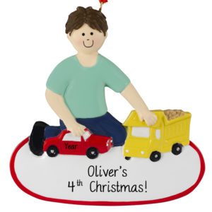 Personalized 4th Christmas Boy Playing With Trucks Ornament