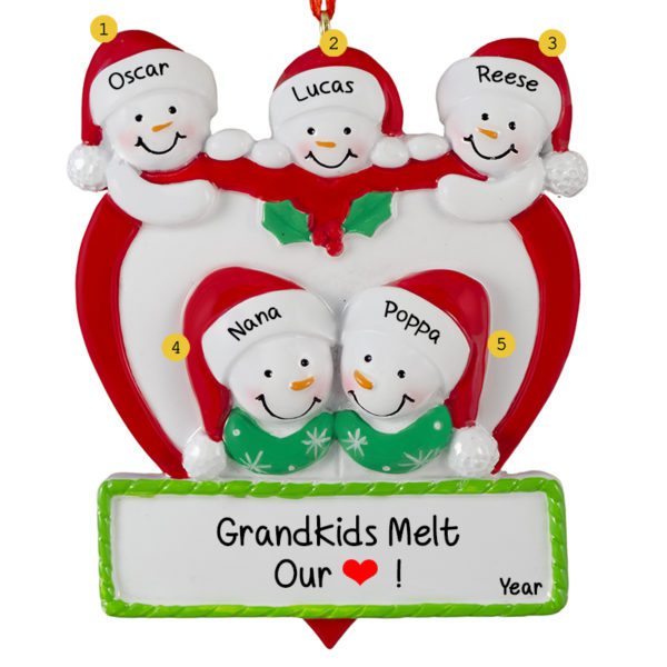 Grandparents And 3 Grandkids In Heart Personalized Ornament