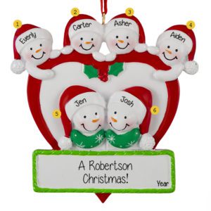 Personalized Family Of 6 Snowmen In Heart Ornament