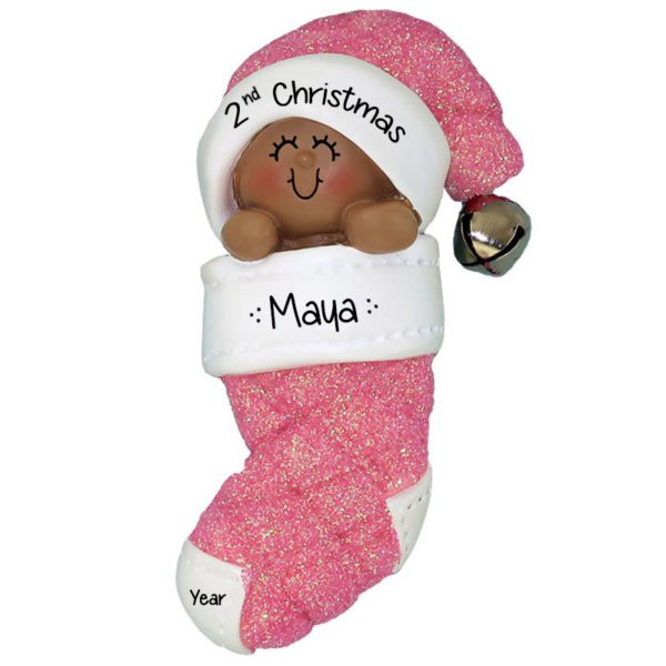 Image of African American Baby Girl's 2nd Christmas PINK Glittered Stocking Ornament