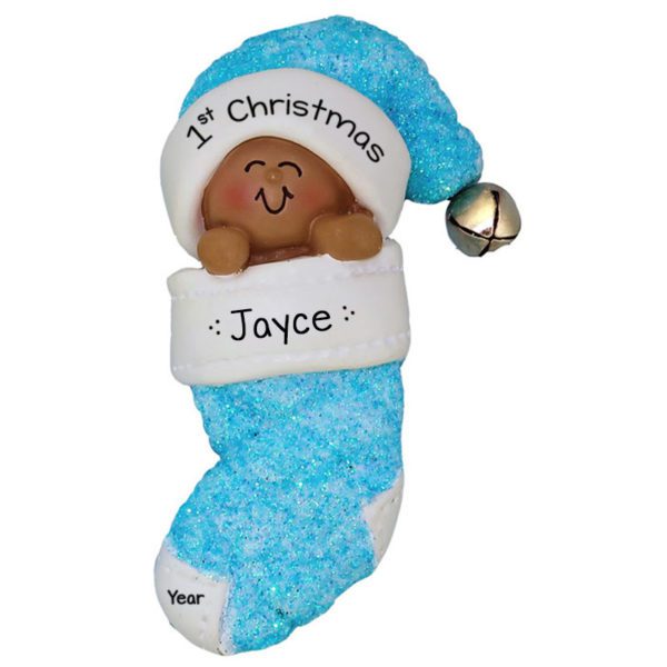 African American Baby Boy's 1st Christmas BLUE Glittered Stocking Ornament