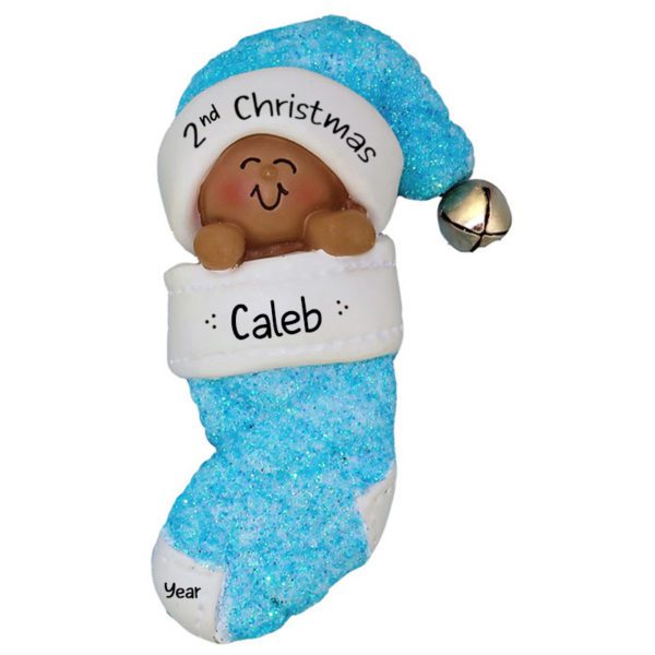 African American Baby Boy's 2nd Christmas BLUE Glittered Stocking Ornament