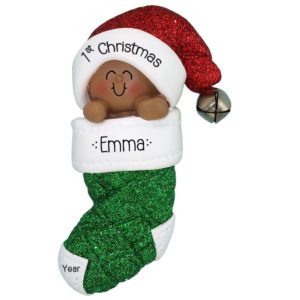 Image of African American Baby Girl's 1st Christmas GREEN Glittered Stocking Ornament