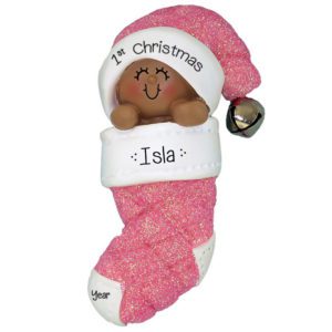African American Baby Girl's 1st Christmas PINK Glittered Stocking Ornament
