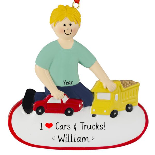 Personalized BLONDE Boy Playing With Cars and Trucks Ornament