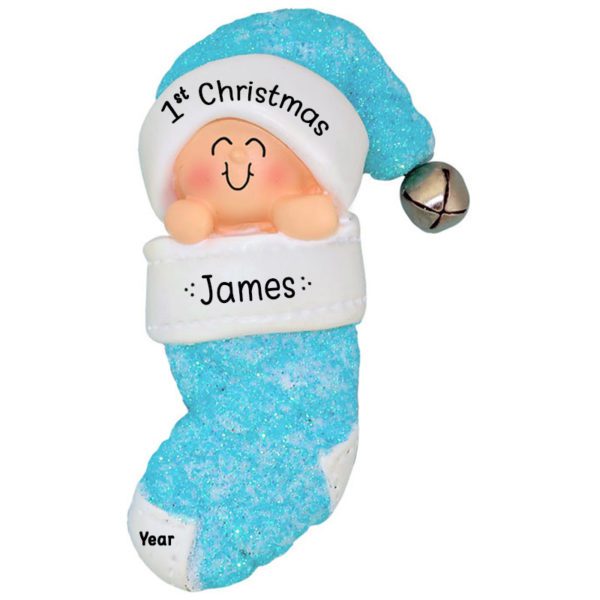 Baby Boy's 1st Christmas BLUE Glittered Stocking Ornament