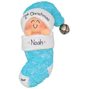 Baby Boy's 2nd Christmas BLUE Glittered Stocking Ornament