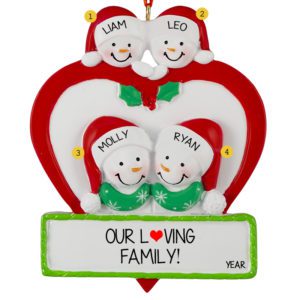 Personalized Family Of 4 Snowmen In Heart Ornament