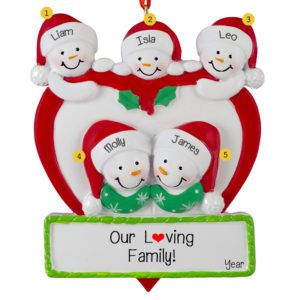 Personalized Family Of 5 Snowmen On Heart Ornament