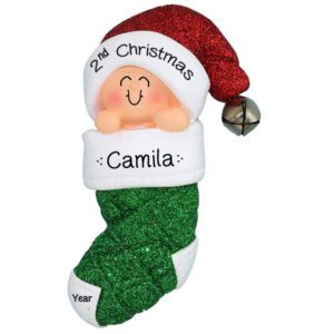 Baby Girl's 2nd Christmas GREEN Glittered Stocking Ornament