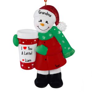 Personalized I Love My Grandma Snowman Holding Coffee Glittered Ornament
