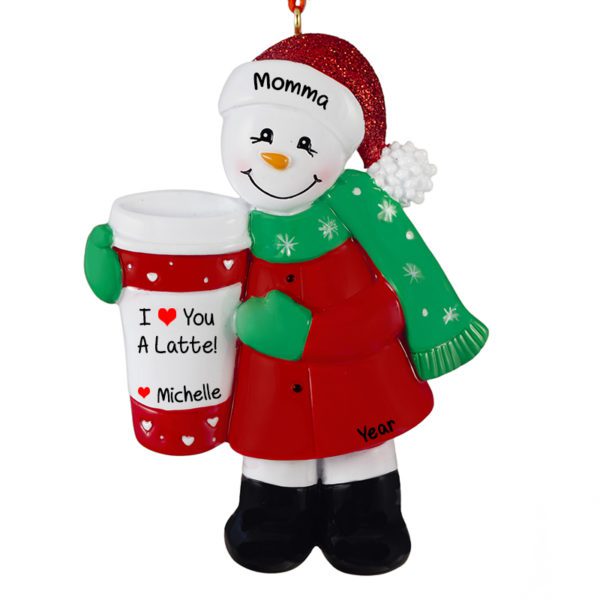 Image of Personalized I Love My Mom Snowman Holding Coffee Glittered Ornament