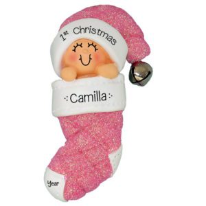 Baby Girl's 1st Christmas PINK Glittered Stocking Ornament